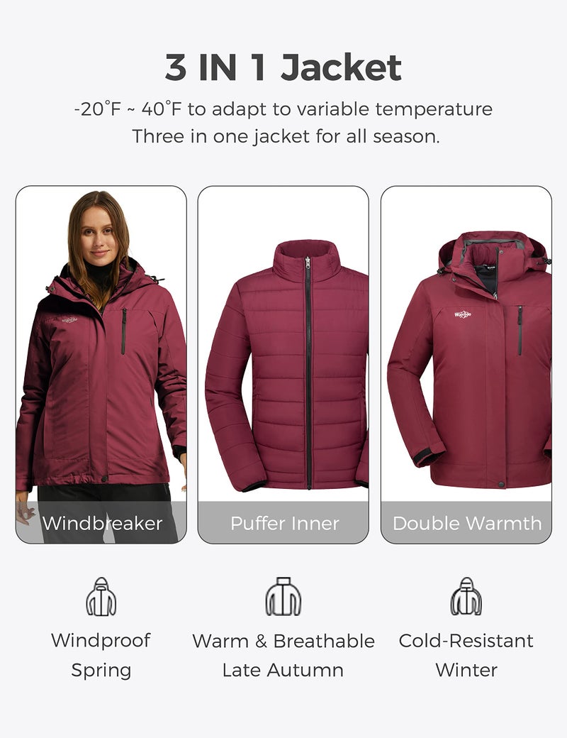 wantdo Women's Snowboarding Coat Windproof Raincoat with Removable Puffer Winter Jacket Wine Red L - Image 2